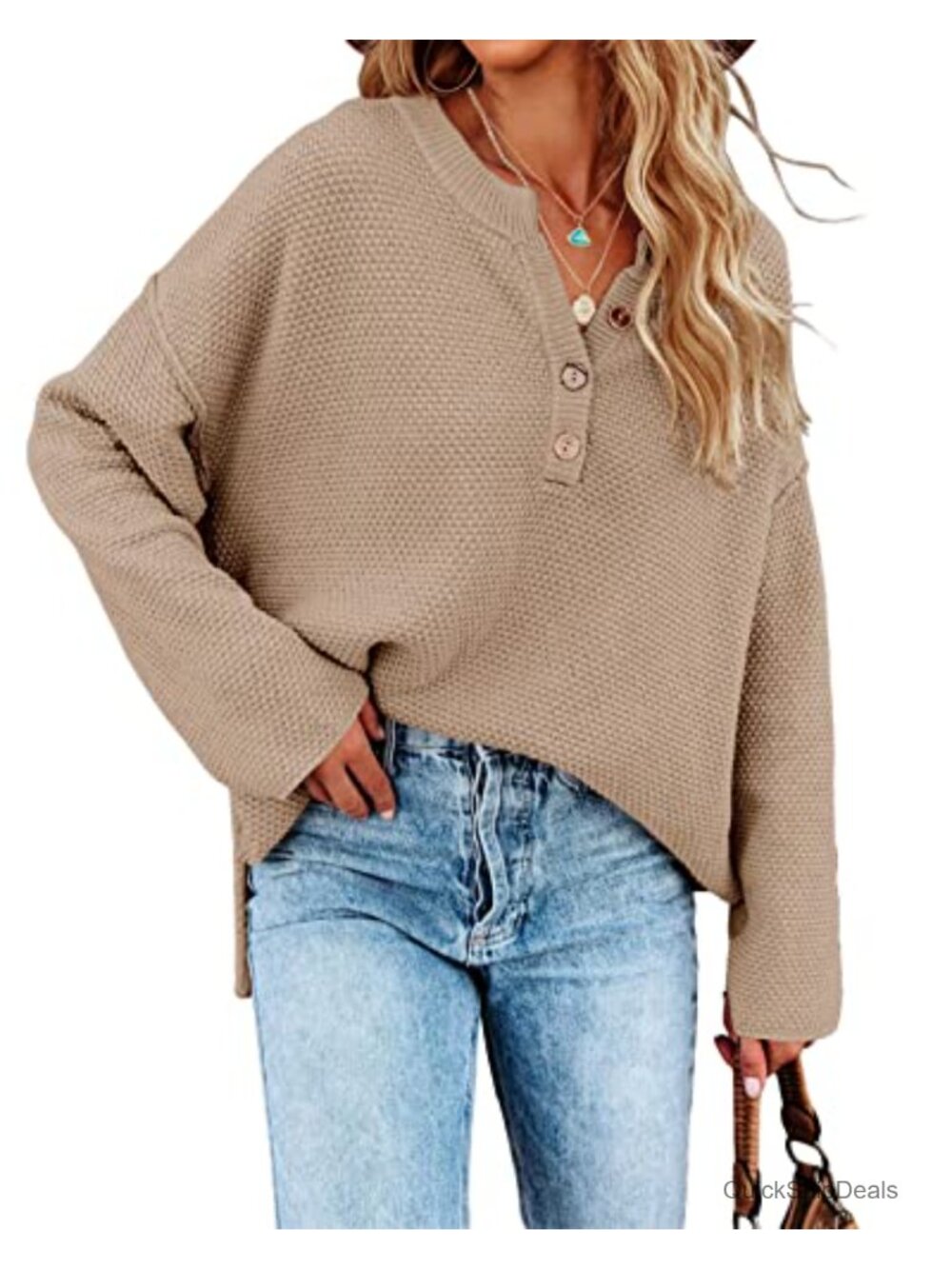 Oversized V Neck Knit Pullover Sweater Button Slouchy Batwing Top